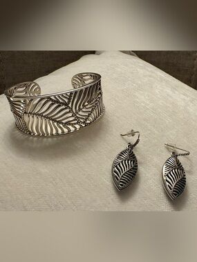 Brighton Silver Leaf Filigree Cuff Bracelet and Dangle Earrings Set